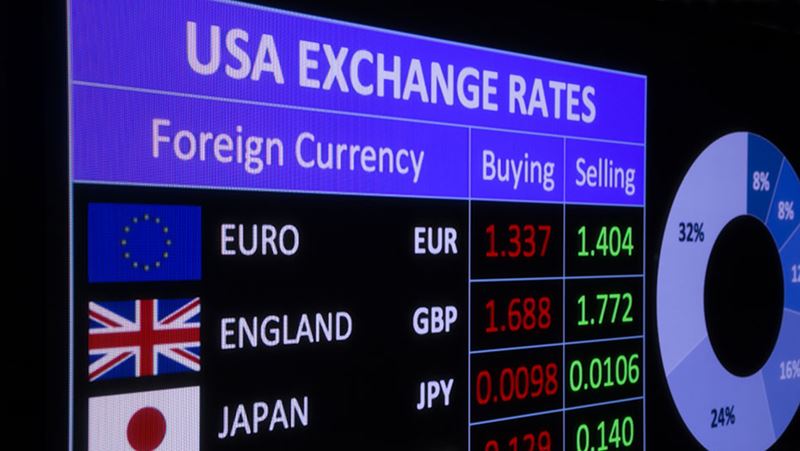 Stock market ticker showing global currency rates
