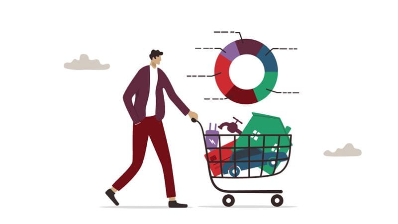 Illustration of man pushing a shopping cart